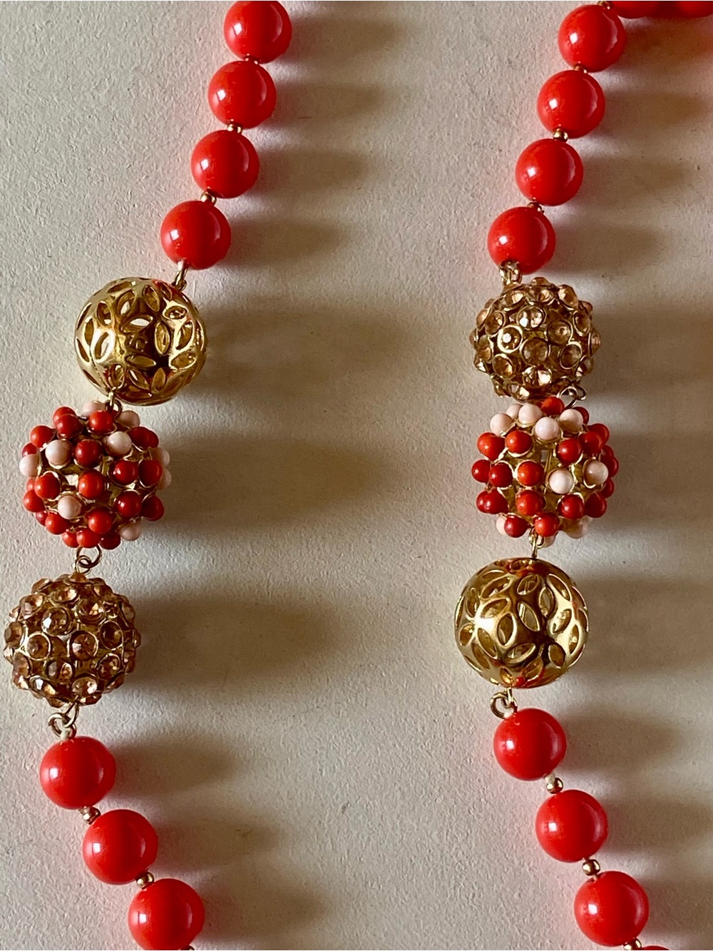 Vintage Beaded Necklace Coral Gold-tone Rhinestone Statement Necklace